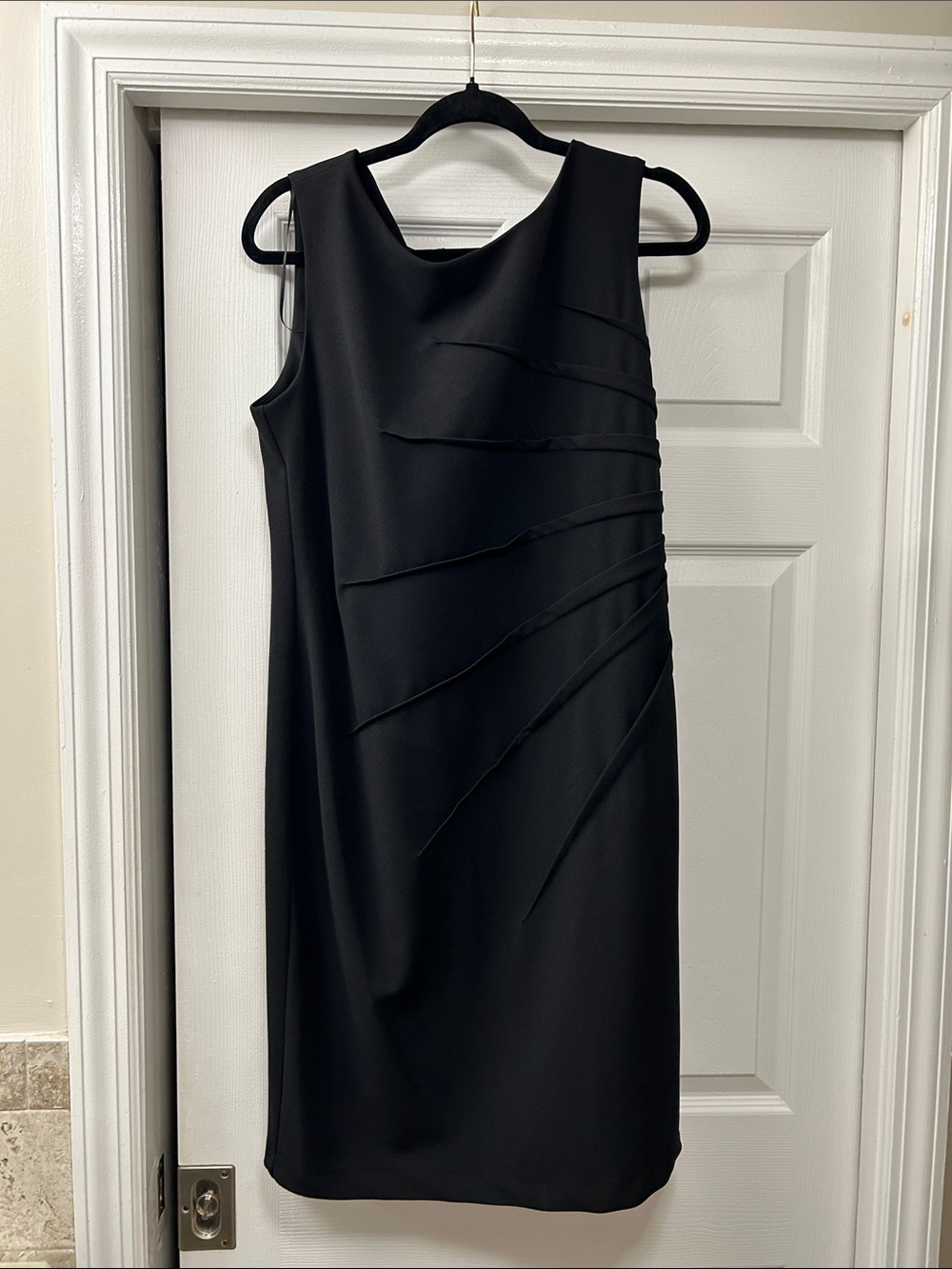 Sleeveless Black Sheath Dress with Asymmetrical Draped Detail